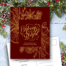 Modern Red Pine Bough Floral Elegant Gold Script