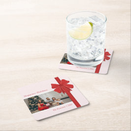 Modern Red & Pink Ribbon Bow Wrap Photo Christmas Kartonnen Onderzetters