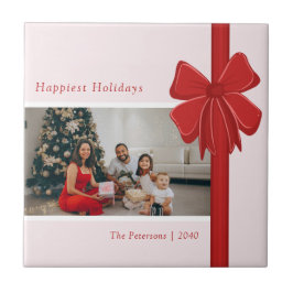 Modern Red & Pink Ribbon Bow Wrap Photo Christmas Tegeltje