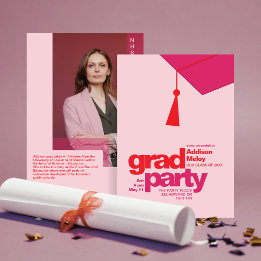 Modern Red & Pink Typography Grad Party Photo Kaart