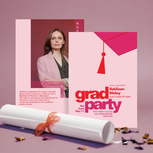 Modern Red & Pink Typography Grad Party Photo Kaart