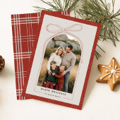 Modern Red Plaid Bow Family Arch Photo Christmas Feestdagenkaart