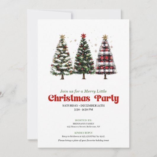 Modern red plaid buffalo Christmas tree invite Kaart (Voorkant)