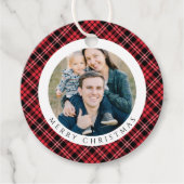 Modern Red Plaid Photo Christmas Bedankjes Labels (Voorkant)