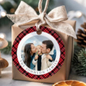 Modern Red Plaid Photo Christmas Bedankjes Labels