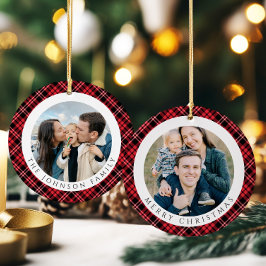 Modern Red Plaid Photo Christmas Keramisch Ornament