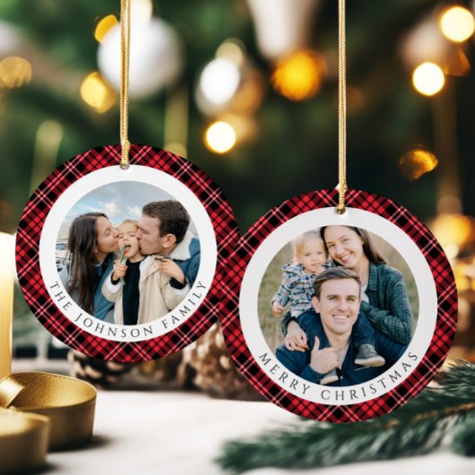 Modern Red Plaid Photo Christmas Keramisch Ornament
