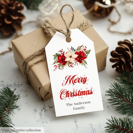 Modern Red Poinsettia Editable Holiday Gift Tag Cadeaulabel