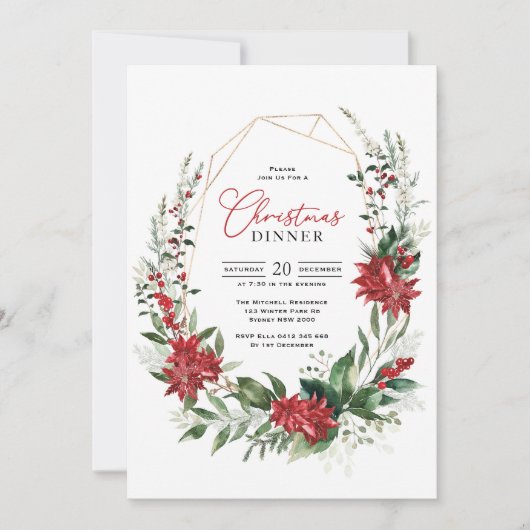 Modern Red Poinsettia Greenery Christmas Dinner Kaart (Voorkant)
