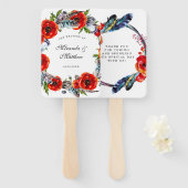 Modern Red Poppy Boho Feathers Weddenschap Bedankt Handwaaier (Voorkant en achterkant)