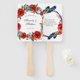 Modern Red Poppy Boho Feathers Weddenschap Bedankt Handwaaier