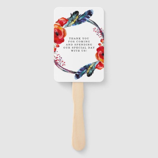 Modern Red Poppy Boho Feathers Weddenschap Bedankt Handwaaier (Achterkant)