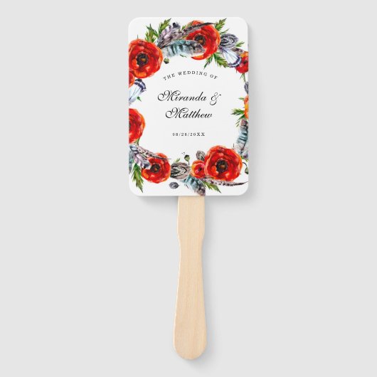 Modern Red Poppy Boho Feathers Weddenschap Bedankt Handwaaier (Voorkant)