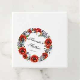 Modern Red Poppy Boho Feathers Wedding Bedankjes Labels
