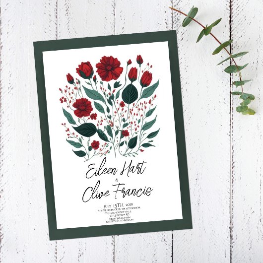 Modern Red Poppy Flowers Leaves Wedding Kaart