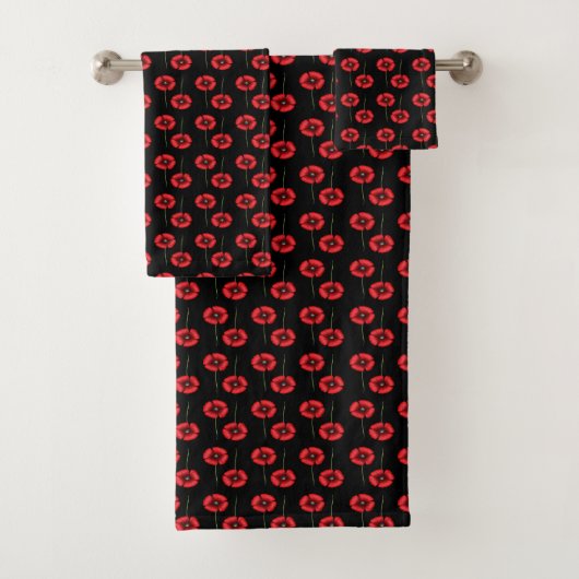 Modern Red Poppy Pattern op Black Bad Handdoek (Insitu)