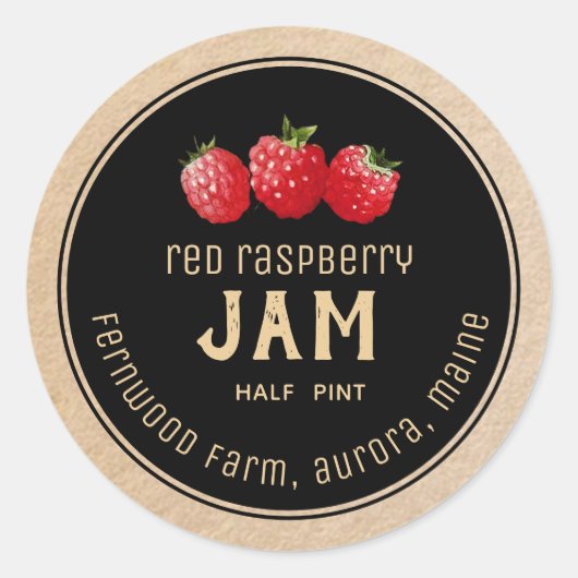 Modern Red Raspberry Jam Label Black op Kraft (Voorkant)