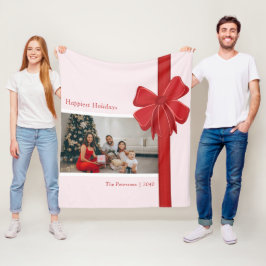 Modern Red Ribbon Bow Wrap Photo Christmas Fleece Deken