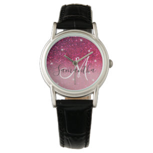 Modern Red & Roze Glitter Sparkles Horloge
