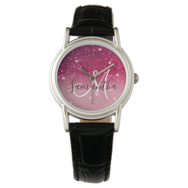 Modern Red & Roze Glitter Sparkles Horloge (Voorkant)