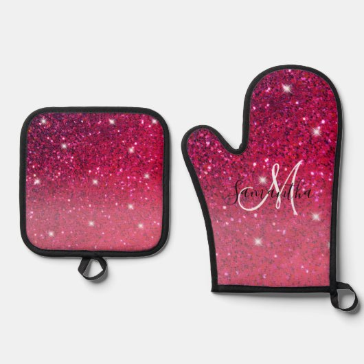 Modern Red & Roze Glitter Sparkles Ovenwant & Pannenlap Set (Voorkant)