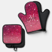 Modern Red & Roze Glitter Sparkles Ovenwant & Pannenlap Set (Voorkant / Achterkant)