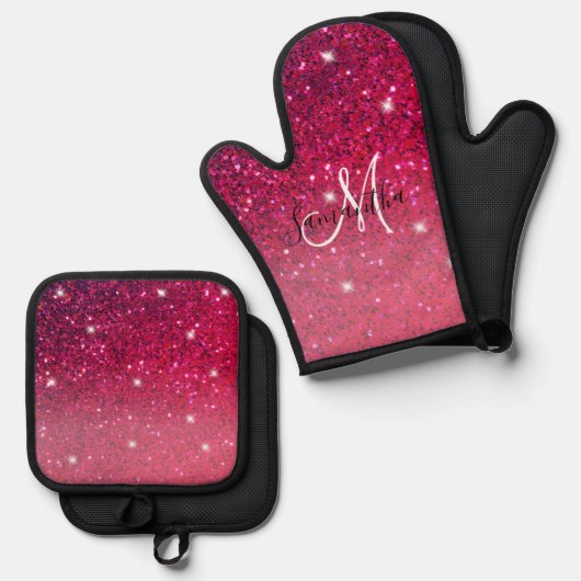 Modern Red & Roze Glitter Sparkles Ovenwant & Pannenlap Set (Voorkant / Achterkant)