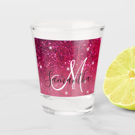 Modern Red & Roze Glitter Sparkles Shot Glas (Voorkant)