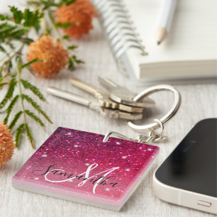 Modern Red & Roze Glitter Sparkles Sleutelhanger