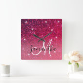 Modern Red & Roze Glitter Sparkles Vierkante Klok (Huis)