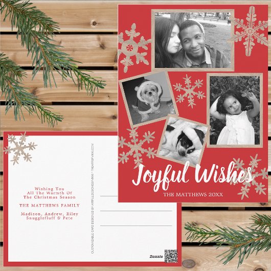 Modern Red Rustic Snowflake 4 FotoKerstmis Briefkaart