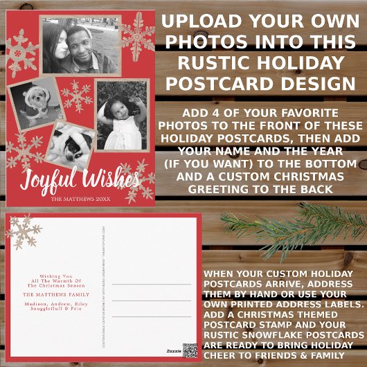 Modern Red Rustic Snowflake 4 FotoKerstmis Briefkaart