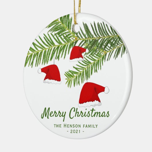 Modern Red Santa Hat Pine Merry kerst Keramisch Ornament (Links)