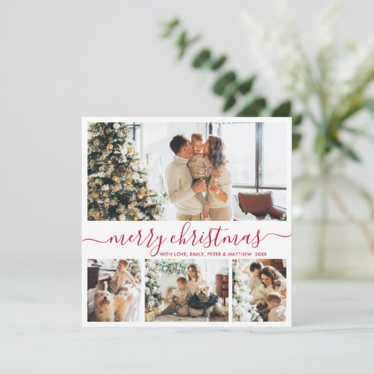 Modern Red Script 4 Photo Collage Kerstmis Feestdagenkaart (Staand voorkant)
