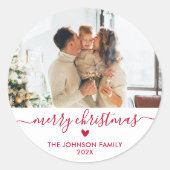 Modern Red Script Familie Foto Vrolijk Kerstfeest Ronde Sticker (Voorkant)