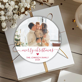 Modern Red Script Familie Foto Vrolijk Kerstfeest Ronde Sticker