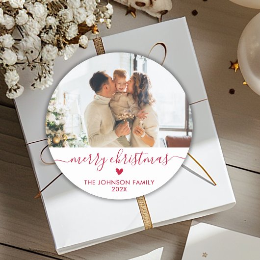 Modern Red Script Familie Foto Vrolijk Kerstfeest Ronde Sticker
