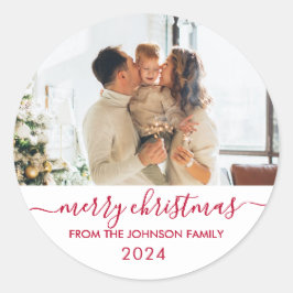 Modern Red Script Familie Foto Vrolijk Kerstfeest Ronde Sticker