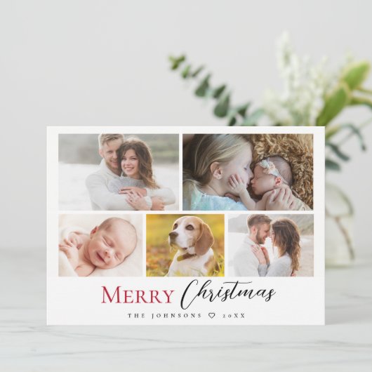 Modern Red Script Fotocollage Vrolijk Kerstfeest Feestdagenkaart (Staand voorkant)