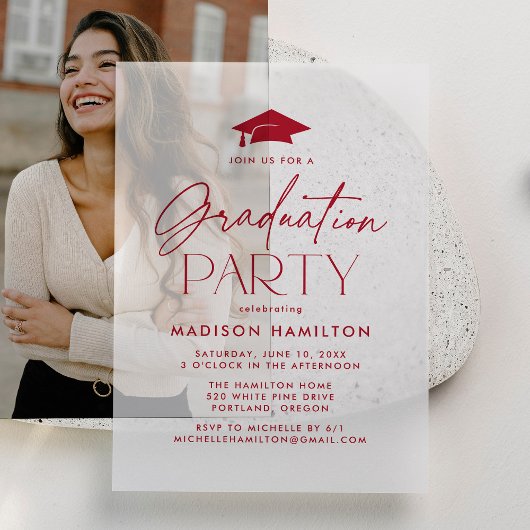 Modern Red Script Graduation Party Vellum Uitnodigingen