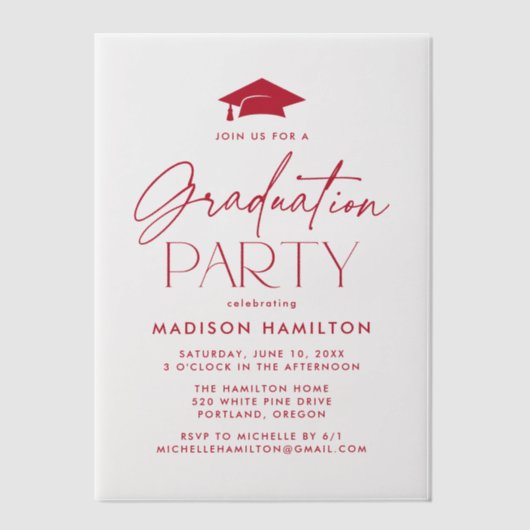 Modern Red Script Graduation Party Vellum Uitnodigingen (Voorkant)