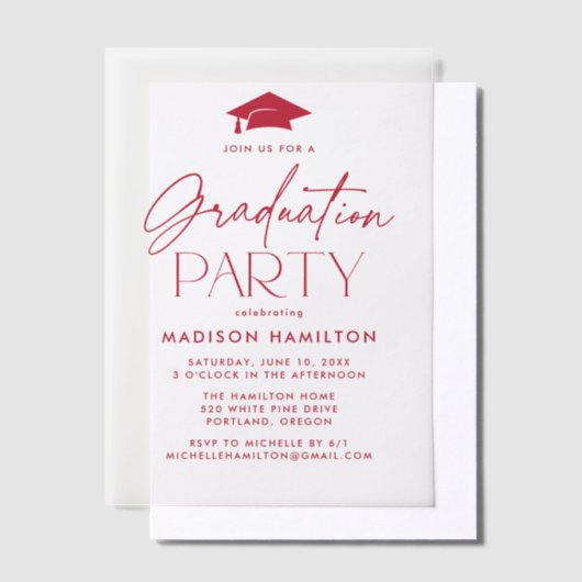 Modern Red Script Graduation Party Vellum Uitnodigingen (Offset)
