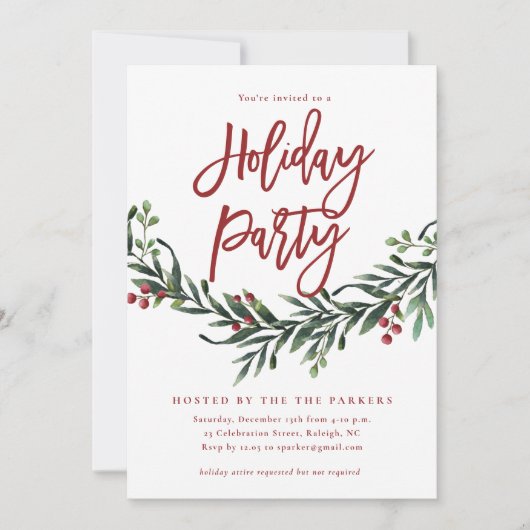 Modern Red Script Greenery Holiday Party Kaart (Voorkant)
