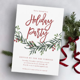 Modern Red Script Greenery Holiday Party Kaart