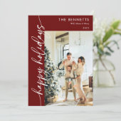 Modern Red Script Happy Holidays Photo Collage  Feestdagenkaart (Staand voorkant)