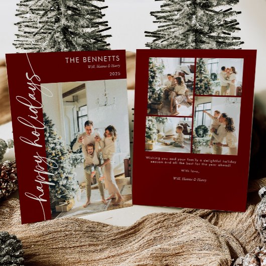 Modern Red Script Happy Holidays Photo Collage  Feestdagenkaart