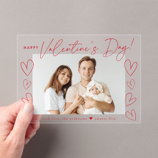 Modern Red Script Happy Valentine's Day Foto Acryl Uitnodigingen (Insitu (Draagbaar))
