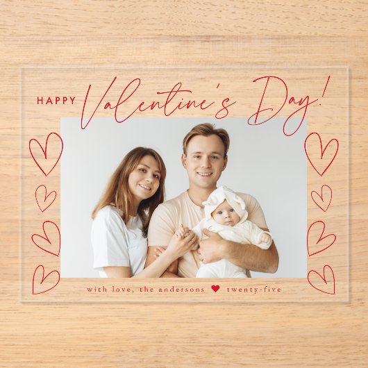 Modern Red Script Happy Valentine's Day Foto Acryl Uitnodigingen (Voorkant)