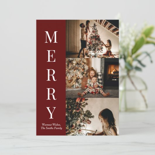 Modern Red Script Merry Kerstfoto Feestdagenkaart (Staand voorkant)