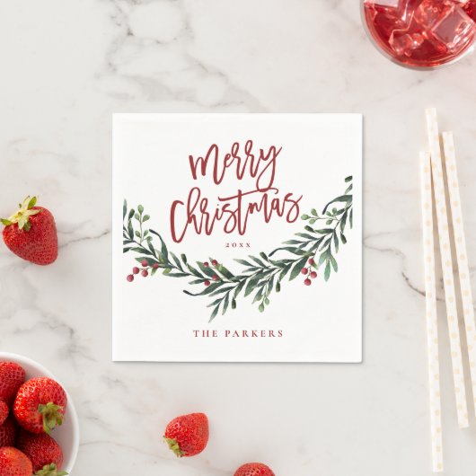 Modern Red Script Merry KerstGreenery Servet (Insitu)